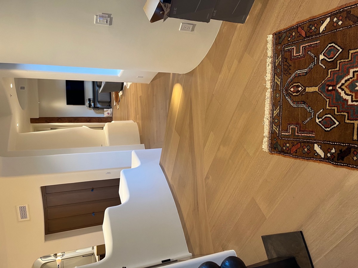 Organic-modern hallway with light oak flooring and a vintage rug